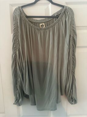 Free People Sage Grey Gathered Sleeve Blouse